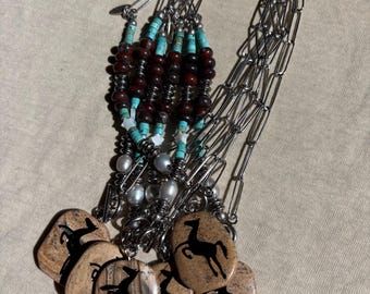 Horse Pendant Necklace, Jasper Stone, Turquoise, Pearls (15 inch)