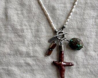 Pearl Necklace with Cross and Turquoise Pendants (16 inches)