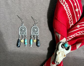 Dandelion Dangle Earrings with Turquoise and Star Beads – Stainless Steel Hoops