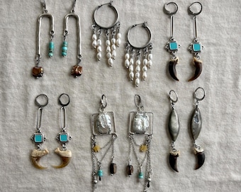 Hand-Soldered Pearl, Turquoise, and Claw Earrings – Western Adornments