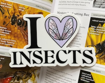 Pegatina de vinilo impermeable con forma de corazón morado "Me encantan los insectos"