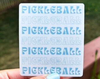 Pickleball Word Repeat Groovy (Azul) Pegatina, 3.04x3.5 in - Pegatina de matraz hidráulico/Calcomanía para computadora portátil/Impermeable/Resistente a la intemperie/Etiqueta engomada del coche