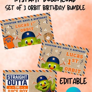 May include: A set of three printable birthday cards with a baseball theme. The cards feature the text "Instant Download" and "Set of 3 Orbit Birthday Bundle." The cards have a cartoon mascot and the text "Houston We Have a Birthday."