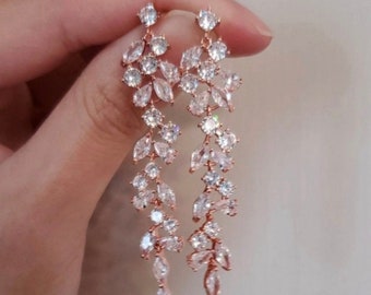 Boucles d'oreilles or rose mariée CZ,Boucles d'oreilles long nuptiales mariage or rose,cadeau demoiselle d'honneur, Boucles d'oreilles femme