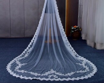 Embroidered lace cathedral wedding veil, Lace wedding veil, long veil with lace, single layer veil, lace cathedral veil