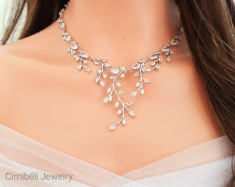 Conjunto de joyas de boda CZ, collar Swarovski nupcial de plata, joyería de boda CZ, collar de dama de honor, regalo para ella, collar