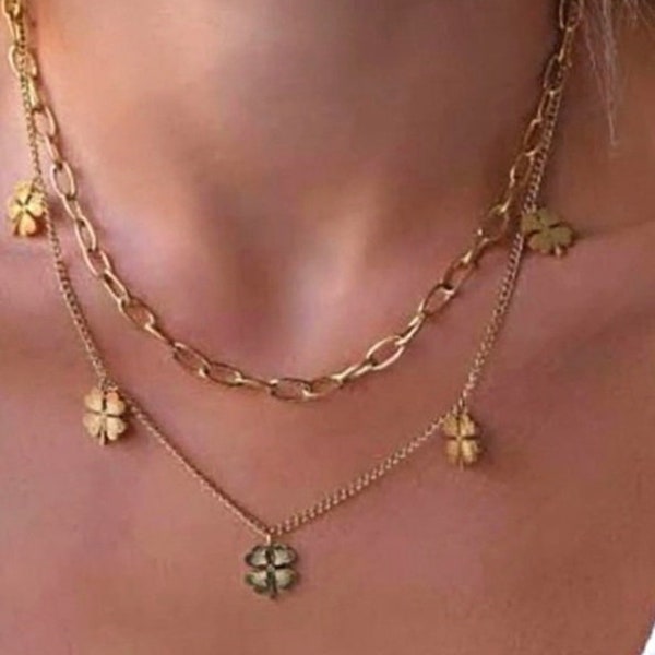 Multi-row steel clover necklace, gold four-leaf clover, adjustable necklace, trendy jewelry, women's gift, 5 clover jewelry,