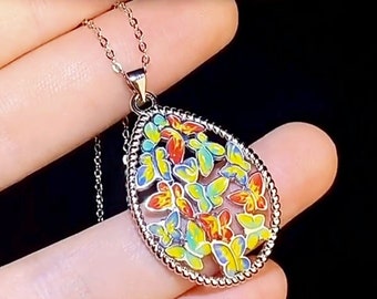 Collier femme, Collier émail en argent, Collier papillon multicolores,Collier  coloré, Collier en argent