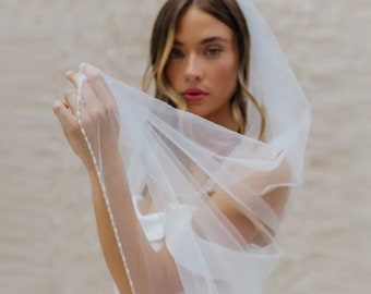 Beaded bridal veil,Beaded embroidered cathedral veil, Embroidered veil, Fingertip veil, Personalized veil,White bridal veil