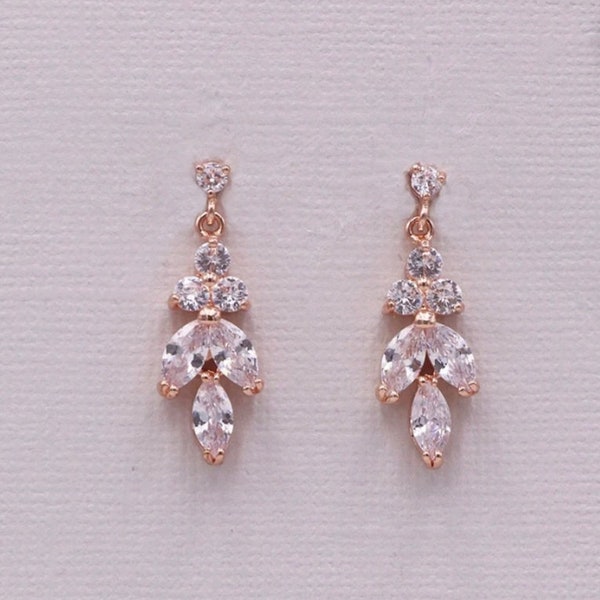 Boucles d'oreilles or rose simple mariage, bijoux mariage, boucles d'oreilles nuptiales or rose CZ,ensemble de bijoux or rose mariée