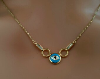 Collier en or 14K mauvaise œil , Collier cadeau pour maman en or, collier unique pour maman, collier en or pendentif bleu, collier en or œi