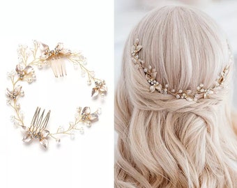 Peigne à cheveux de mariée, feuille d'or,bijoux de cheveux de mariée, accessoire de cheveux demoiselle d’honneur, peigne à feuille de mariée