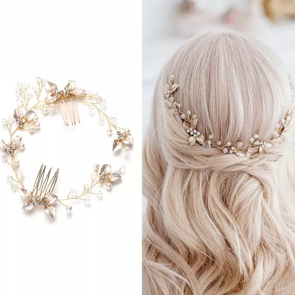 Peigne à cheveux de mariée, feuille d'or,bijoux de cheveux de mariée, accessoire de cheveux demoiselle d’honneur, peigne à feuille de mariée