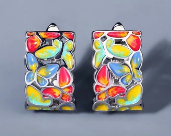 Pendientes de plata, Pendientes de esmalte multicolor, Joyas de oreja de mujer, Pendientes coloridos, Pendientes