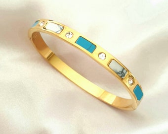 Turquoise bangle bracelet, zirconium bangle bracelet, multicolored gold bracelet, gold bracelet, gift for her, jewelry for her
