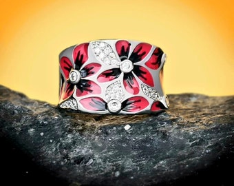 925 zilveren ring met rode en zwarte bloemen, zirkoniumoxide,