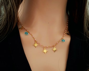 Gold steel necklace, star necklace, women's blue gold necklace, steel star jewelry, gift for her, women's star jewelry, gift