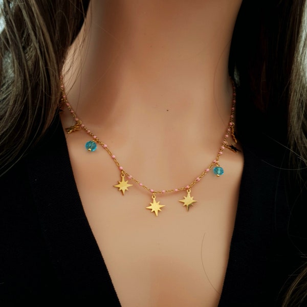 Collier étoiles bleu, collier femme,Collier en or,cadeau pour elle, cadeau pour Saint-Valentin, Collier multi étoiles