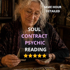 May include: A person with gray hair and glasses holds tarot cards over a wooden table with four laid-out cards, a book, a candle, and dried herbs. Text reads: SAME HOUR DETAILED SOUL CONTRACT PSYCHIC READING with five yellow stars.