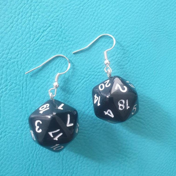 Dice Earrings, D20 dice, Cosplay jewelry, gamer earrings, gifts for librarians, cosplay, RPG dice earrings, D20, Geeky gifts, Black Dice