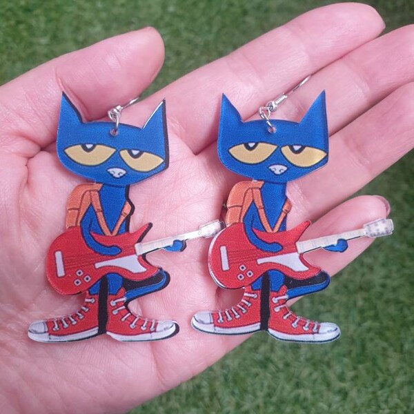 Pete the Cat Rockin in my School Shoes earrings, teacher gifts, gifts for librarians, gifts for musicians, cartoon earrings, electric guitar