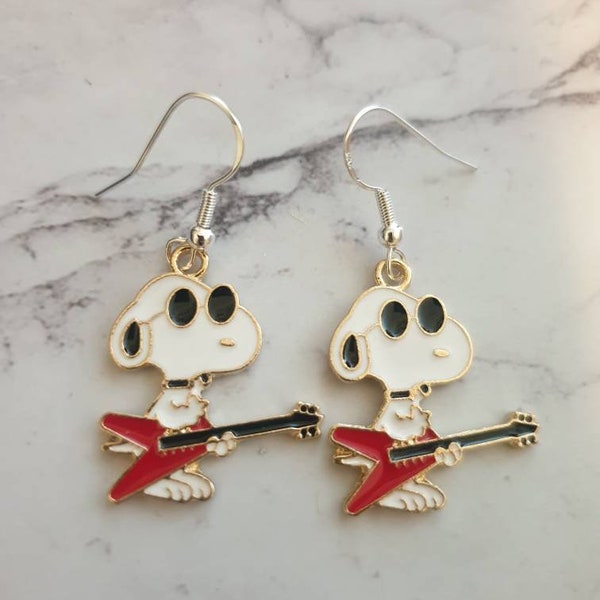 Snoopy Keychain, Snoopy Peanuts Gang, Snoopy jewelry, gifts for librarians, gifts for musicians, Snoopy earrings, electric guitar, Peanuts