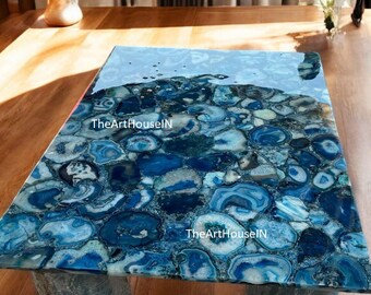 Tavolino da caffè in pietra di agata blu / Tavolino centrale rettangolare in mosaico di pietre preziose / Arredamento per la casa personalizzato in pietra semipreziosa, tavolo in pietra di agata naturale
