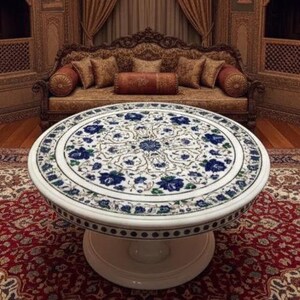 Mesa con incrustaciones de mármol blanco y malaquita / Tablero de piedra con borde floral / Mesa de comedor consola con incrustaciones de mármol de primera calidad, obra maestra de lujo para el hogar /