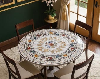 Luxus Esstisch aus weißem Marmor Inlay Handgefertigter Floral & Peacock Design Runde Pietra Dura Tischplatte Elegante runde Marmor Inlay Tischplatte