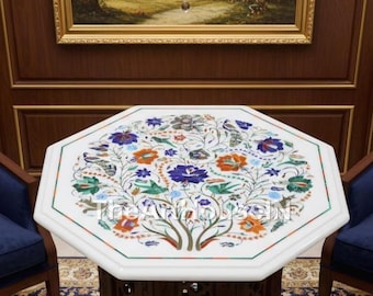 ホワイト大理石の宝石インレイテーブル 芸術的な花柄デザイン 八角形の