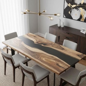 Live Edge Black Epoxy Resin Dining Table - Solid Wood River Table - Custom Kitchen & Dining Furniture