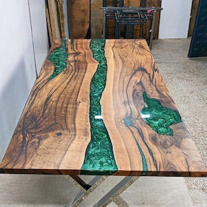Epoxy Table, dining, center table top Live Edge Walnut Table ,green Epoxy Resin River Table, Natural Wood ,dining table ,epoxy resin table,