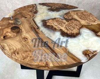 Round Wood Table With Resin, Round Epoxy Table, White Decor Epoxy Table, Round Coffee Table, Round Edge Coffee Table, Round Epoxy Table Top