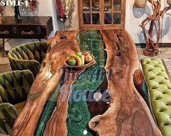 Acacia Wood Epoxy River Table Top, Handmade Natural Walnut Resin Dining Surface