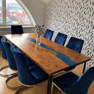 Blue Epoxy River Table Top – Live Edge Acacia Wood Resin Table – Handmade Coastal Epoxy Art – Custom Dining, Coffee, or Desk Tabletop