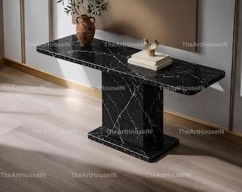 Luxury Black Spider Marble Console Table | Modern Black Marble Entryway Table | Stone Hallway Console Black Spider Marble Console Tabletop |