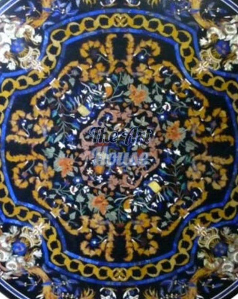 Luxury Black Marble Inlay Table Top – Handcrafted Floral Pietra Dura Dining Table | Royal Gemstone Art Table by The Art House | image 2