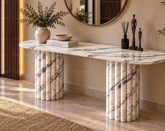 White Marble Console Table, Fluted Pedestal Entryway Table Stone Hallway TableHandmade  Marble Console Table Marble Entryway Console Table