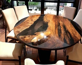 Round Acacia Wood Epoxy River Table Top, Live Edge Coffee Table
