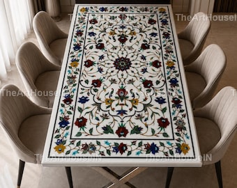 Handmade Marble Inlay Table Top | Pietra Dura Floral Coffee Dining Decor