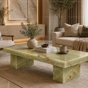 Handgemaakte groene onyx rechthoekige salontafel | Luxe natuurstenen woonkamermeubels