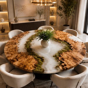 Handcrafted Burl Wood Epoxy River Dining Table with Moss Accent – Round Kitchen Statement Piece