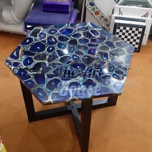 Round Blue Agate Stone Table Top – Handmade Taj Mahal Inlay Art | Custom Coffee, Dining, Countertop | Luxury Gemstone Decor
