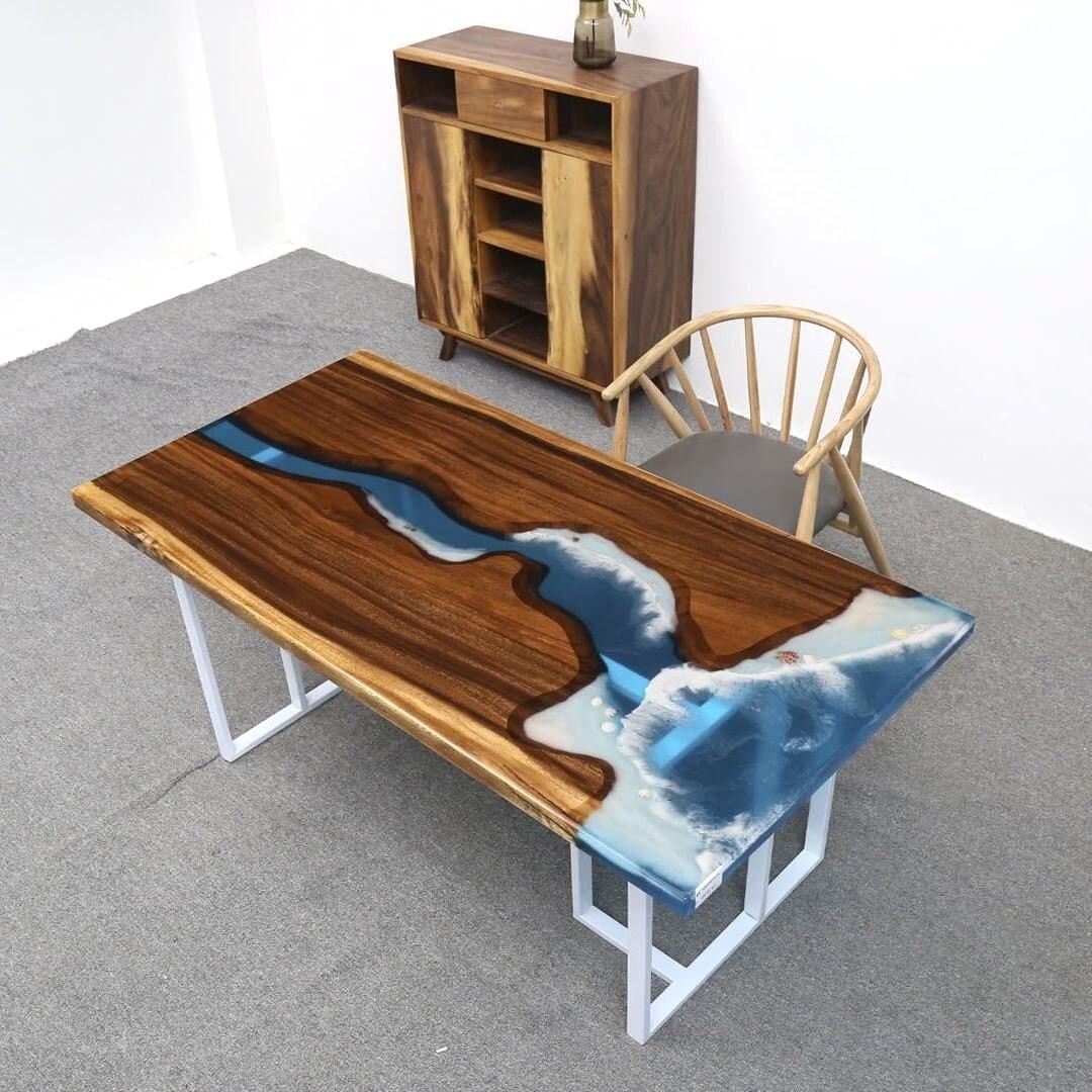 Luxury Blue Epoxy Ocean Table • Handmade Ocean Blue Resin River Table ...