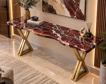 Red Marble Console Table Luxury Stone Hallway Table, Modern Entryway Furniture, Designer Accent Table Red Stone Sofa Table Modern Home Decor