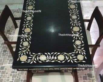 Black Marble Pietra Dura Table Top with Floral Border Inlay | Handmade Mother of Pearl & Stone Inlaid Dining or Coffee Table Top Marble Art