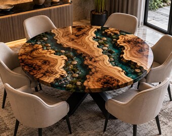 Round Burl Wood & Emerald Green Epoxy Resin Dining Table, Live Edge Handmade Table Emerald Green Epoxy Round Dining Table