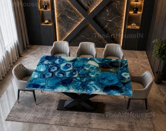 Tavolino consolle in agata blu fatto a mano, mobile di lusso in materiali naturali, complemento d'arredo.
