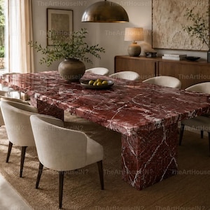 Tavolo da pranzo rettangolare in marmo Rosso Levanto, realizzato a mano / Mobili di lusso in pietra rossa