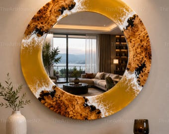 Handmade Round Burl Wood & Amber Epoxy Resin Wall Mirror  Entryway Mirror Large Decorative Wall Decor Luxury Amber Yellow Epoxy Resin Mirror